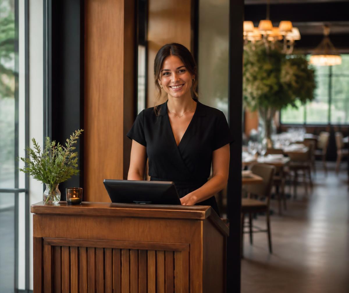 Host greeting guests at a restaurant host stand